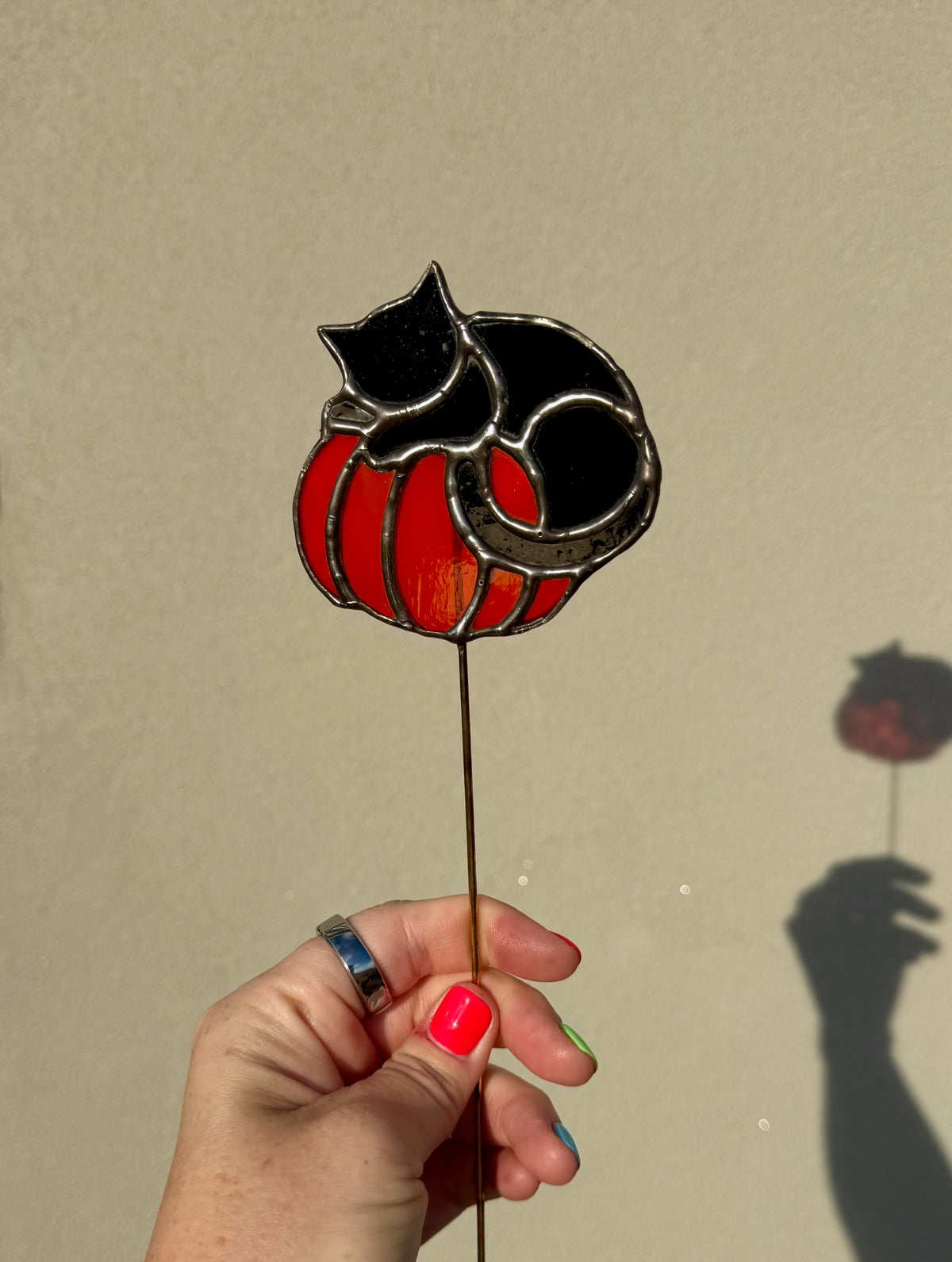 Pumpkin Cat Stained Glass Plant Stake