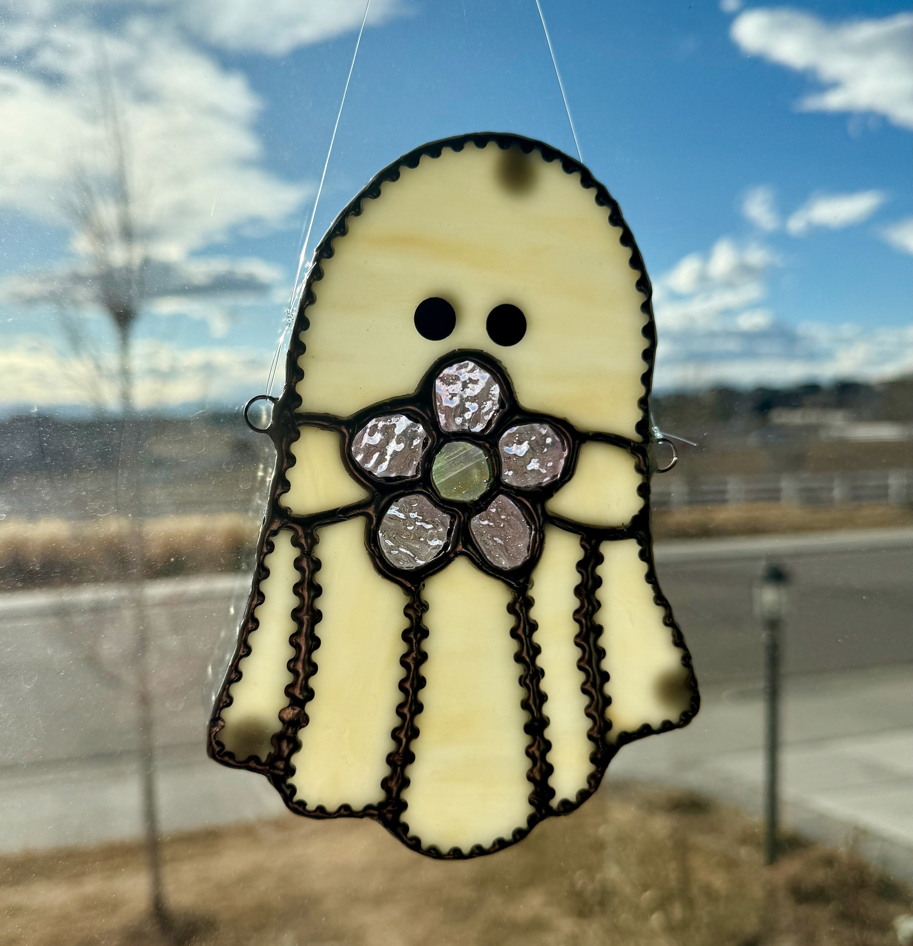 Ghost w Flower Stained Glass Sun Catcher