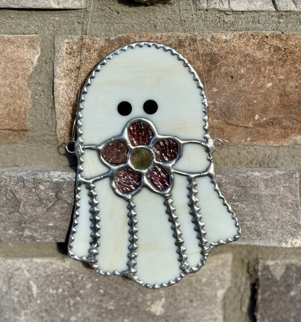 Ghost w Flower Stained Glass Sun Catcher